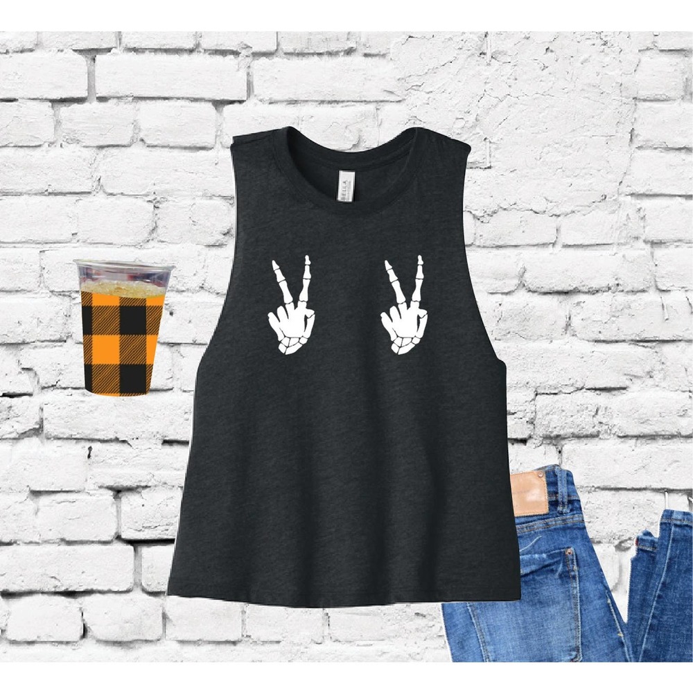 Peace Skull Hands Halloween Racerback Cropped Tank